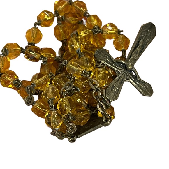 Vintage Amber glass bead crystal Crucifix necklace Catholic Rosalry religious - Picture 6 of 14